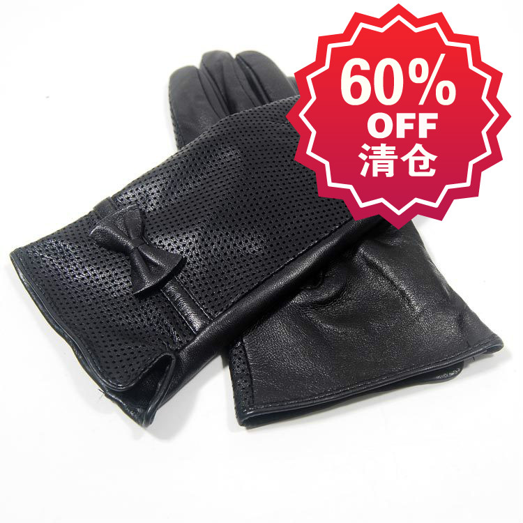 Star Foreign Trade Leather gloves women's autumn and winter thin bow leather gloves sheepskin driving gloves