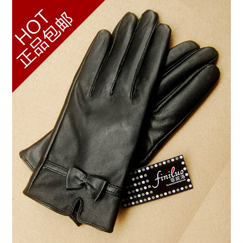 Star Foreign Trade Sheepskin gloves women's bow winter thermal fleece lined genuine leather gloves