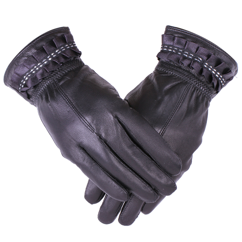 Star Foreign Trade Winter pleated women's laciness genuine leather gloves thermal winter sheepskin leather gloves