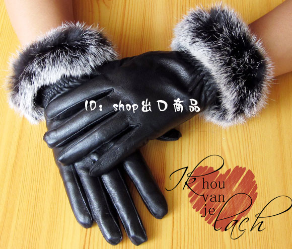 Star style fur one piece rabbit fur spring and autumn high quality suede genuine leather gloves