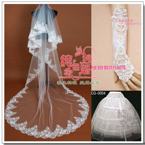 Star three meters ultra long embroidery lace wedding dress veil train bride pannier veil piece set wedding gloves