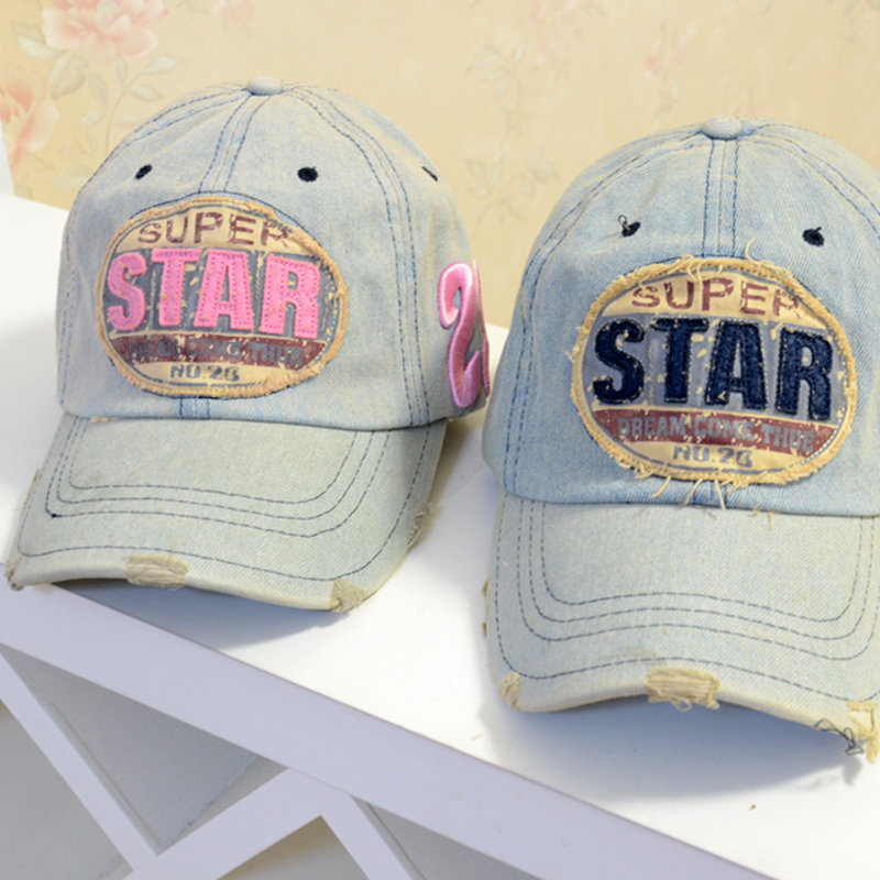 Star water wash denim edging sun-shading baseball cap lovers cap summer
