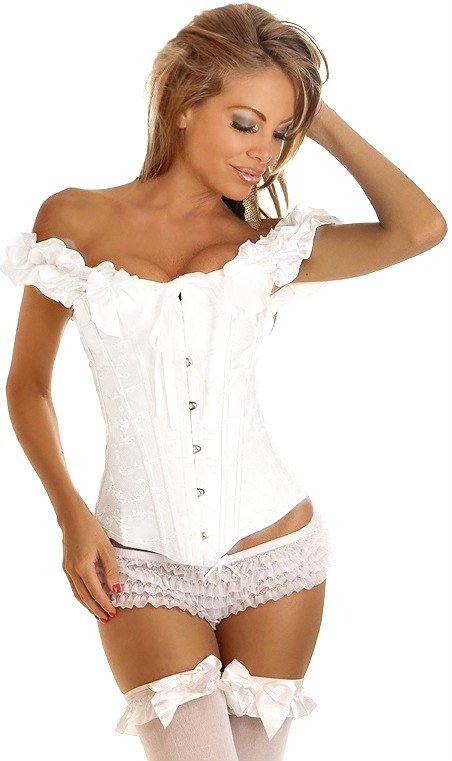 Steel Boned White Brocade Corset! Sexy Lingerie Women's Clothes Trimed with Ruffles Short sleeve Free shipping! - 5810W