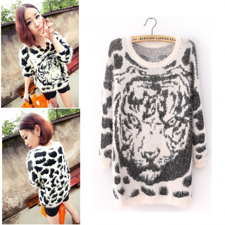 Steller's mohair sweater leopard print plush sweater loose pullover sweater outerwear female