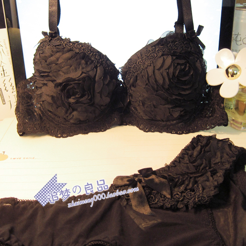 Stereo black rose sweet 3 breasted lace bra underwear set insert push up bra