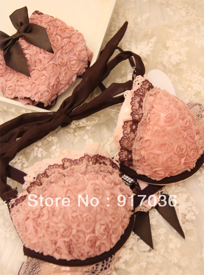 Stereo small rose front button halter-neck bra women's single-bra underwear set