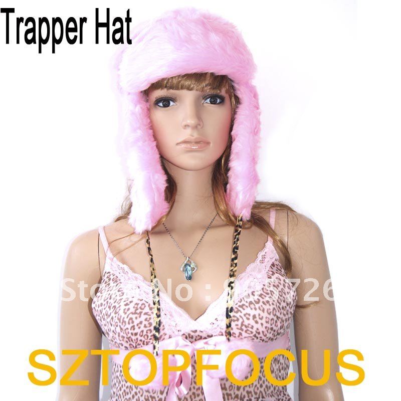 Stock 11pcs/lot Pink Faux Fur Russian Trapper Bomber Hats Earflap With Ball
