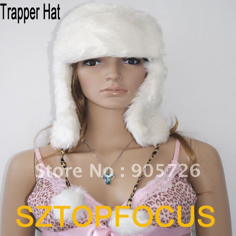 Stock 9pc/lot White Faux Fur Russian Trapper Bomber Hats Earflap With Ball