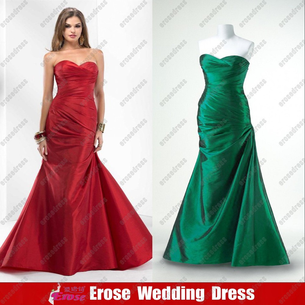 Stock New Floor Length Sweetheart Neckline Red/Green Taffeta Bridesmaid Prom Gown Dress