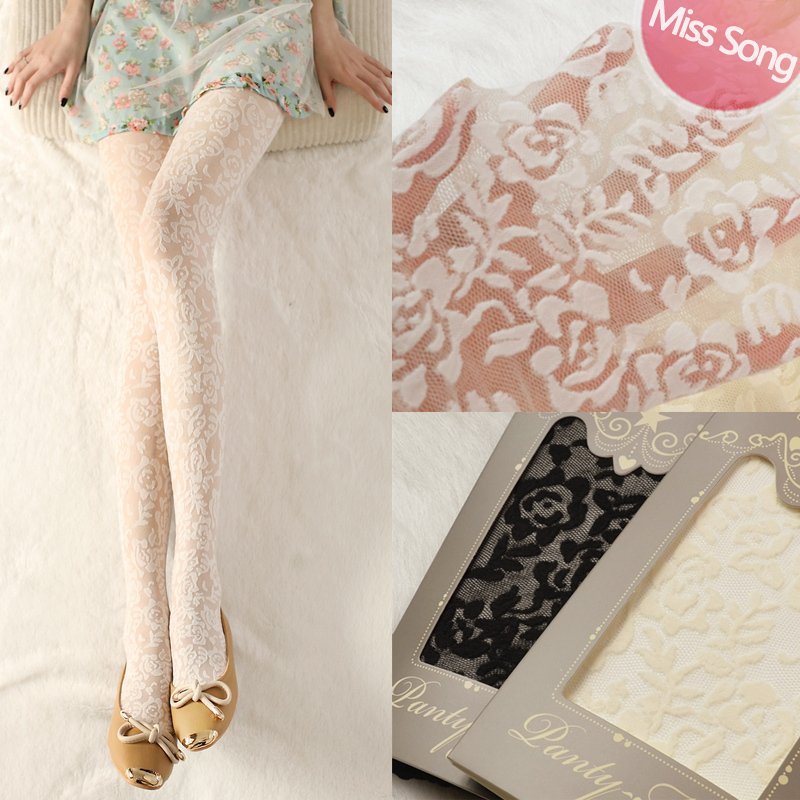 stockings ultra-thin lace flower jacquard white color pantyhose Charming figure trust's first choice