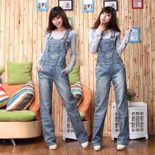 Strap trousers women 2012 new style belt jeans loose straight tube strap trousers wholesale free shipping