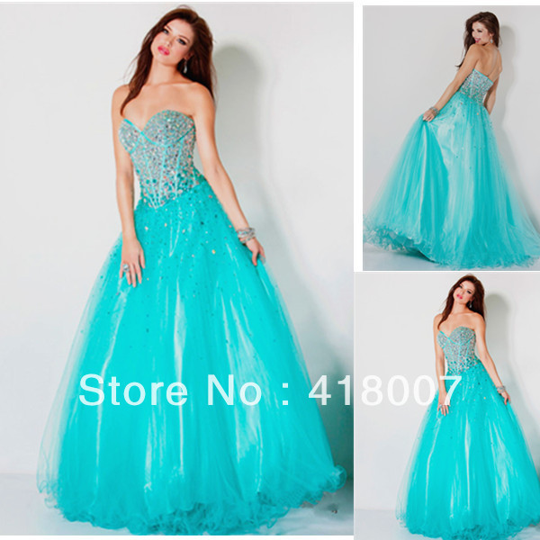 Strapless ball gown sweetheart neckline  crystal  sequin encrusted corset top with matching aqua  prom dress