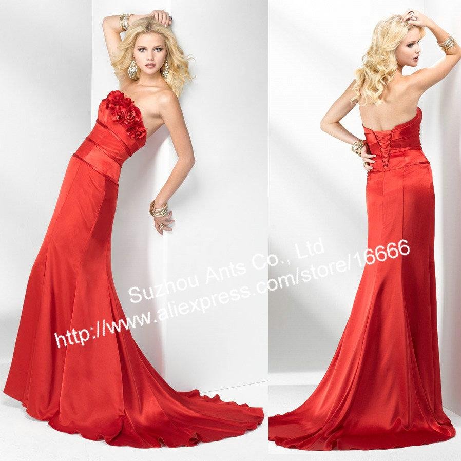 Strapless Flower Celebrity Dress Red Court Sweep train FB324