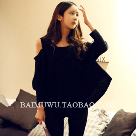 Strapless lantern sleeve black knitted shirt sweater female 2012 free shipping