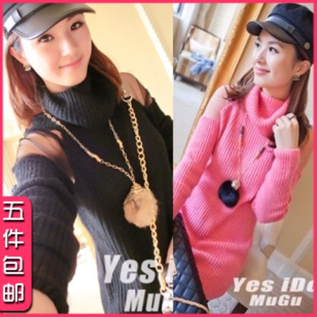Strapless long-sleeve sweater turtleneck sweater top gauze perspective long-sleeve sweater