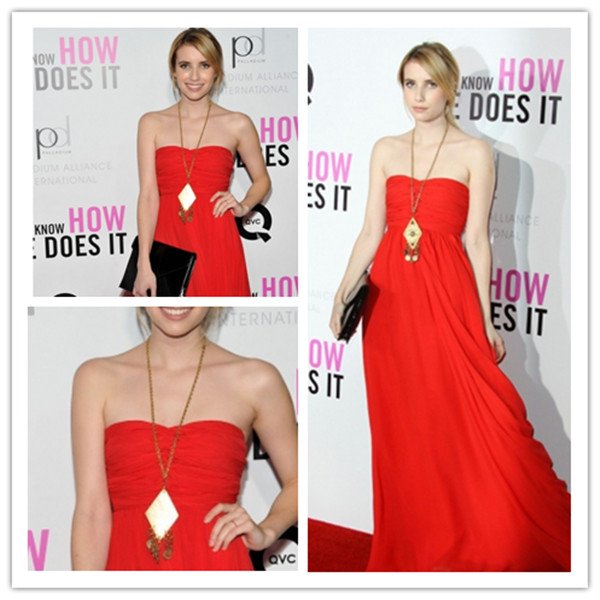 Strapless Sleeveless A Line Chiffon Red Emma Roberts Celebrity Dresses 2012