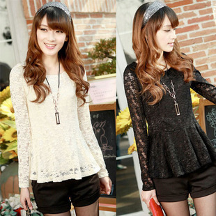 strapless white blouse 2012 autumn low collar lace basic shirt female long-sleeve chiffon shirt cutout gauze top lace shirt