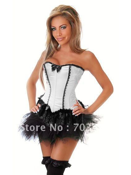Strapless white overbust corset black bow front corset with black sexy mini dress wholesale and retailer high quality hot sale