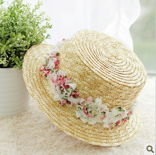 Straw braid hat strawhat beach cap lace sunbonnet rustic rose m--017
