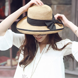 Strawhat sun-shading hat big along the cap beach cap roll up hem dome cap summer female