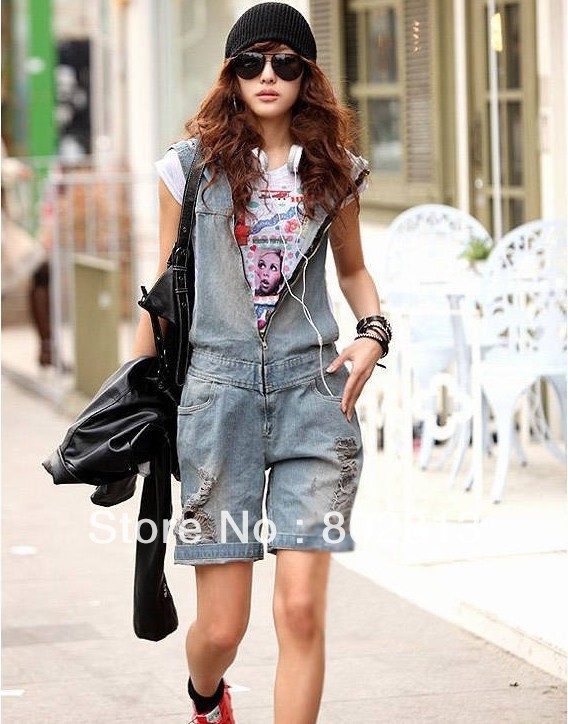 street fashion hooded jumpsuit retro finishing hole denim bib pants elastic waist knee-length pants  free shipping