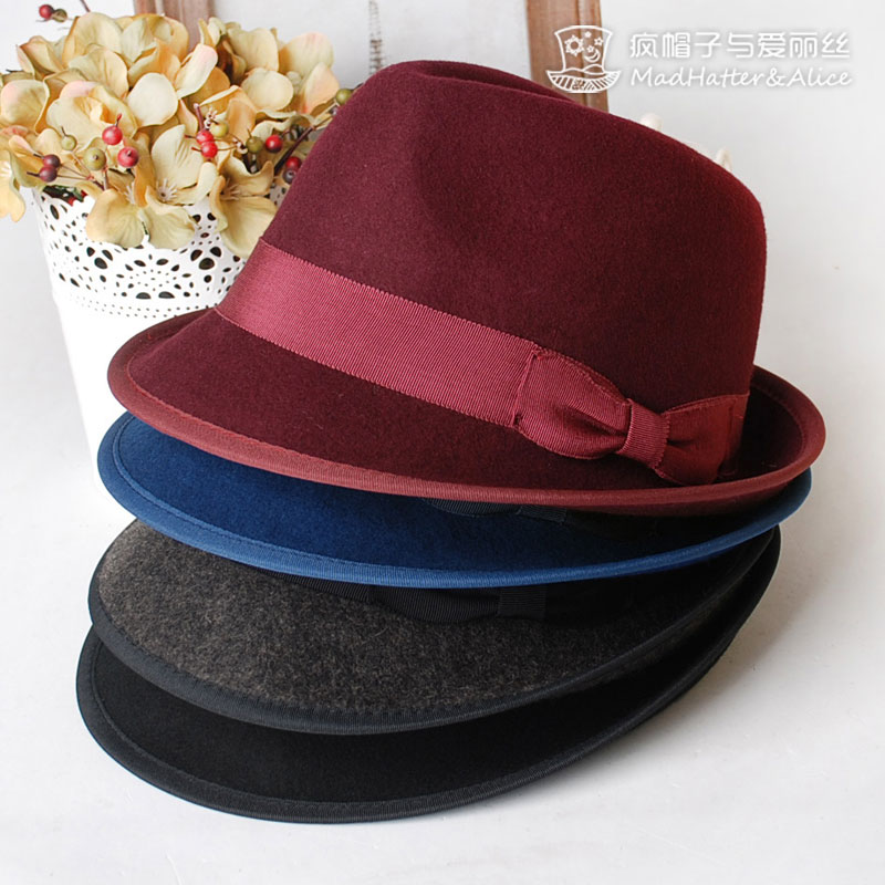 Street - hat alice pure wool hat jazz hat navy blue claretred , Free Shipping