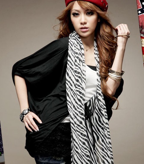 Street Style Young Woman Chiffon Zebras Splicing Tassel Bat Sleeve Recreational Coat Jacket LZW-6684 Free Shipping