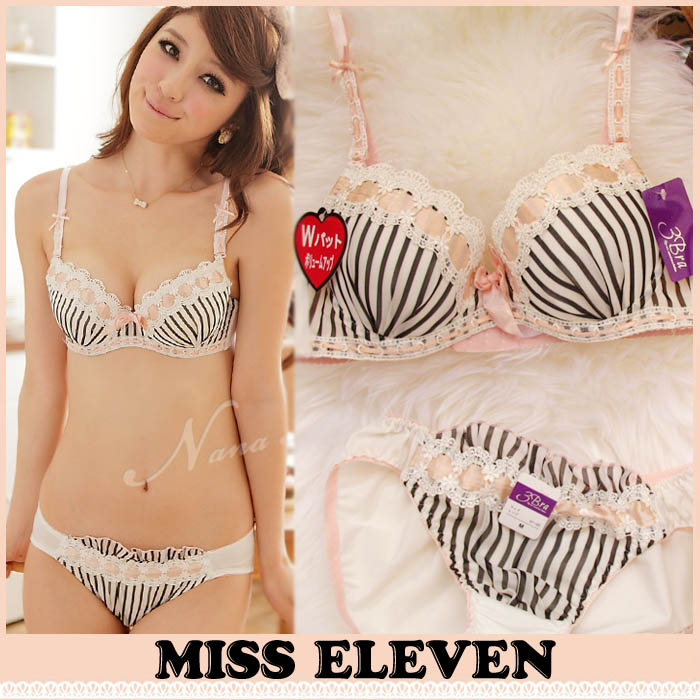 Stripe fresh embroidered all-match insert underwear bra set 70b75b80b