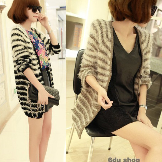 Stripe long-sleeve knitted women's cardigan 12155 free shipping