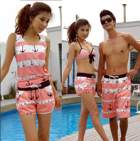 Stripe lovers men and women shorts beach bikini dress set