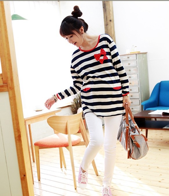 Stripe maternity t-shirt sweatshirt spring and autumn fashion red bow maternity top
