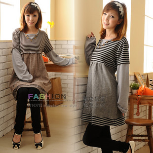 Stripe patchwork lantern sleeve maternity top stripe long sleeve length maternity dress maternity clothing 655
