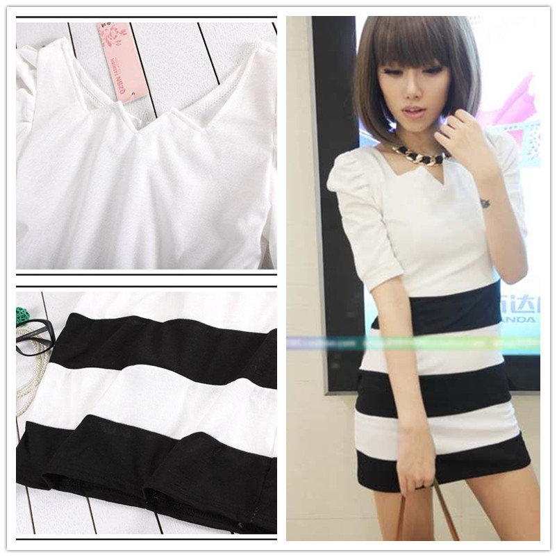 Stripe patchwork slim puff sleeve fashion dress office lady sexy cute skirt+ free shipping
