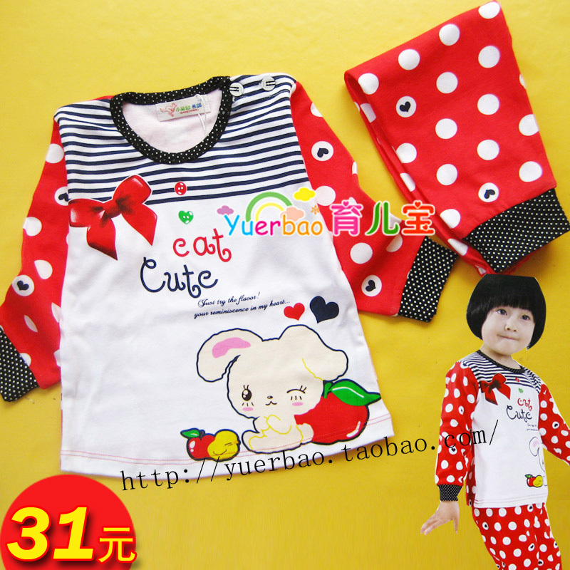 Stripe red dot child 100% cotton long johns long johns underwear set girls clothing