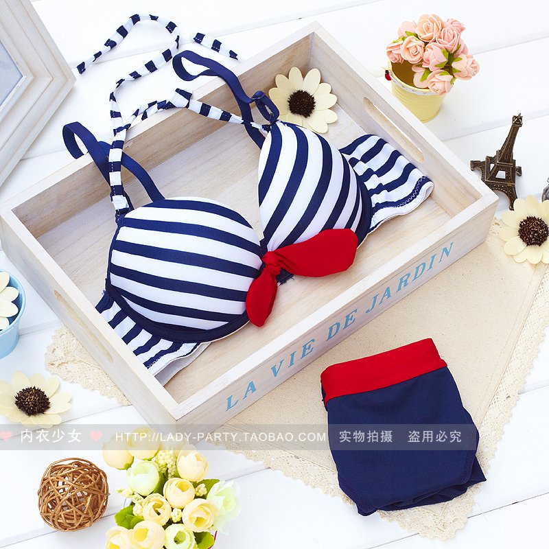 Stripe sailor wind belt insert halter-neck dual bra set underwear set n022