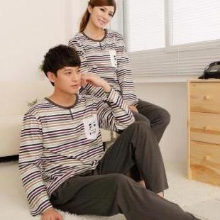 Stripe sleepwear at home service spring and autumn male women's 100% cotton long-sleeve lovers set lounge