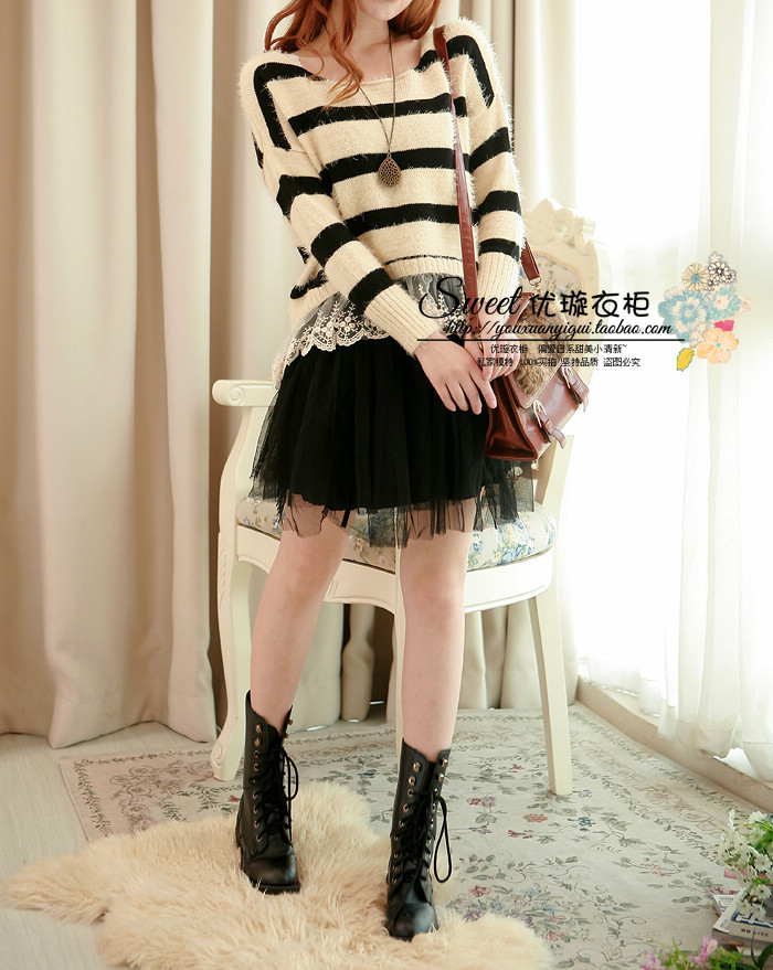 Stripe sweep lace decoration patchwork low-high loose thick plush fleece sweater female