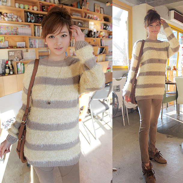 Stripe thermal medium-long sweater 11696 free shipping