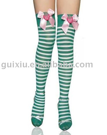 Stripe Thigh Highs with Plush Strawberry Satin Bow top