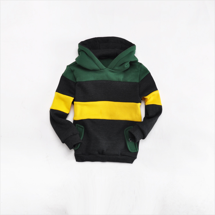 Striped color block decoration pocket design~ thermal brushed liner children's clothing with a hood pullover sweatshirt