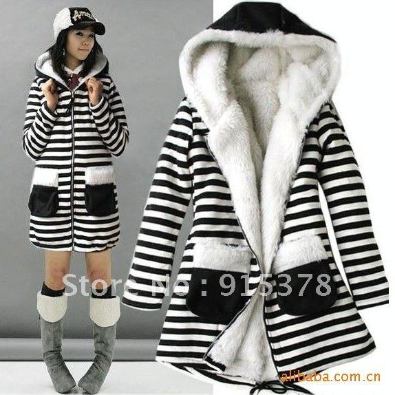 STRIPED ZIP HOODED JACKET COAT BLACK&WHITE +FREE SHIPPING (1PC) 2095