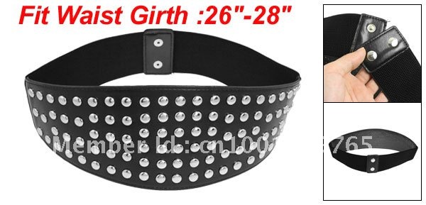 Studs Decor Black Faux Leather Front Elastic Waist Belt for Woman