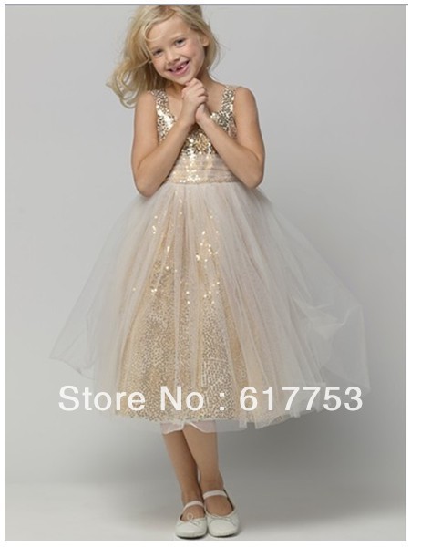 Stunning Gold Sequined Tea-length Dress Tulle Waistband and Skirt Ball Gown Flower Girl Dresses