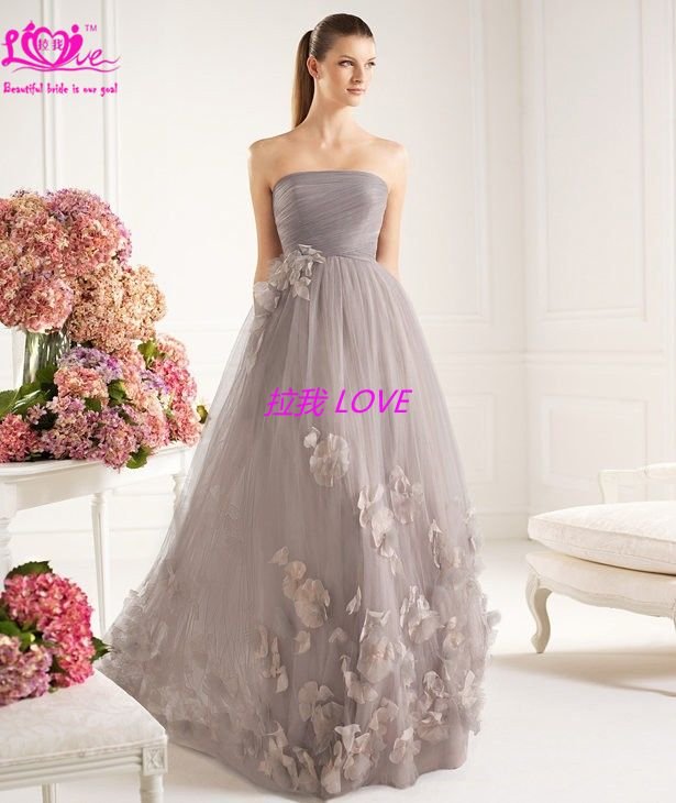 stunning grey a line strapless backless appliques empire tulle ladies dresses evening dress XXX-11051