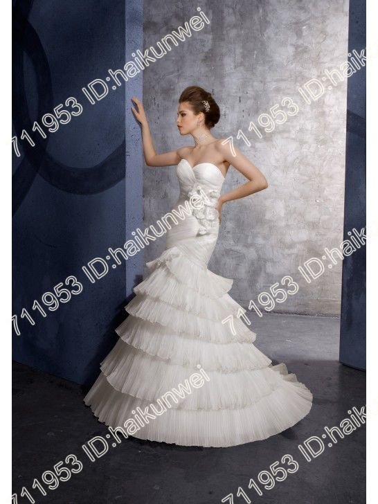 Stunning on-trend Ruffled Organza Strapless Mermaid Wedding Dresses With Layered Skirt and Removable Flower Detailing