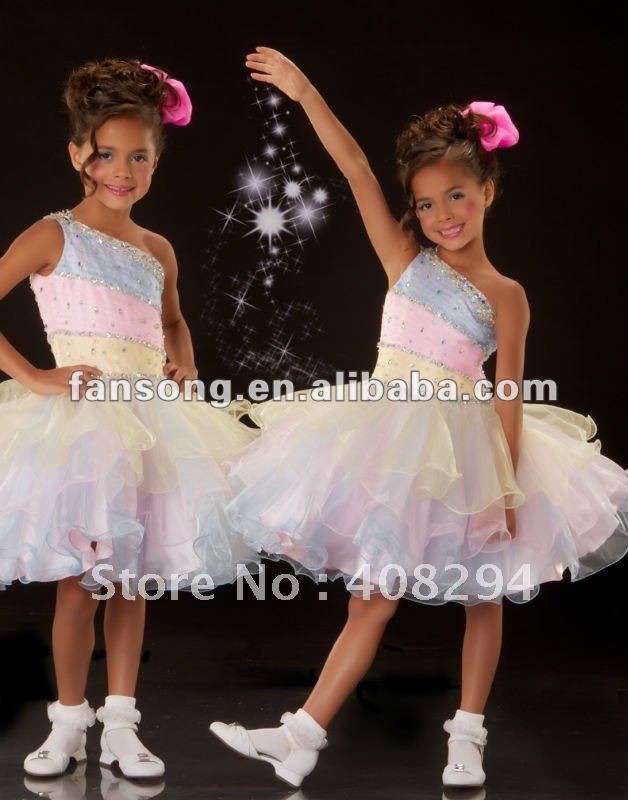 Stunning one shoulder beaded puffy color little girl dress