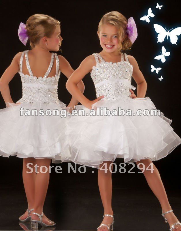 Stunning spaghetti strap beaded white little girl dress