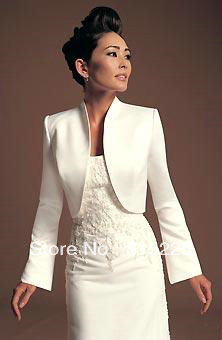 Stunning White Color Wedding Accessories Elegant  Satin Wraps Jacket  Muslim Long Sleeves  High Collar  Shawl Stylish Hot