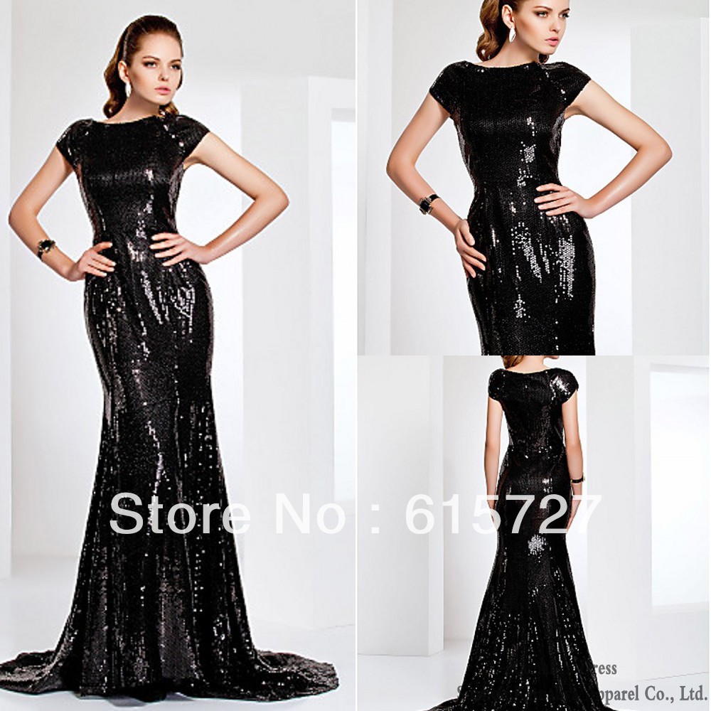 StunningCustom Made Made Of Sequins Bateau Neck  Mermaid Black Long Evening Dress Prom Gown 2013 New Arrival