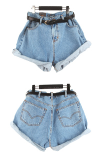 Sty nda female denim shorts vintage high waist loose plus size roll-up hem
